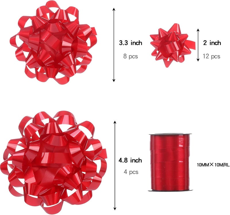 FORBINBO 25 Pcs Gift Bows Assortment - 3 Size Gift Bowsand 1 Crimped Curling Ribbons, Perfect for Christmas, Holiday，Birthdays, Weddings, Baby/Bridal Showers, Party (Red) - Image 2